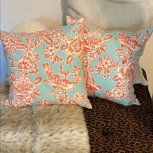 TWO Throw Pillows: Floral & Bird Toile Print, 18” Sq. Feather & Down Fill